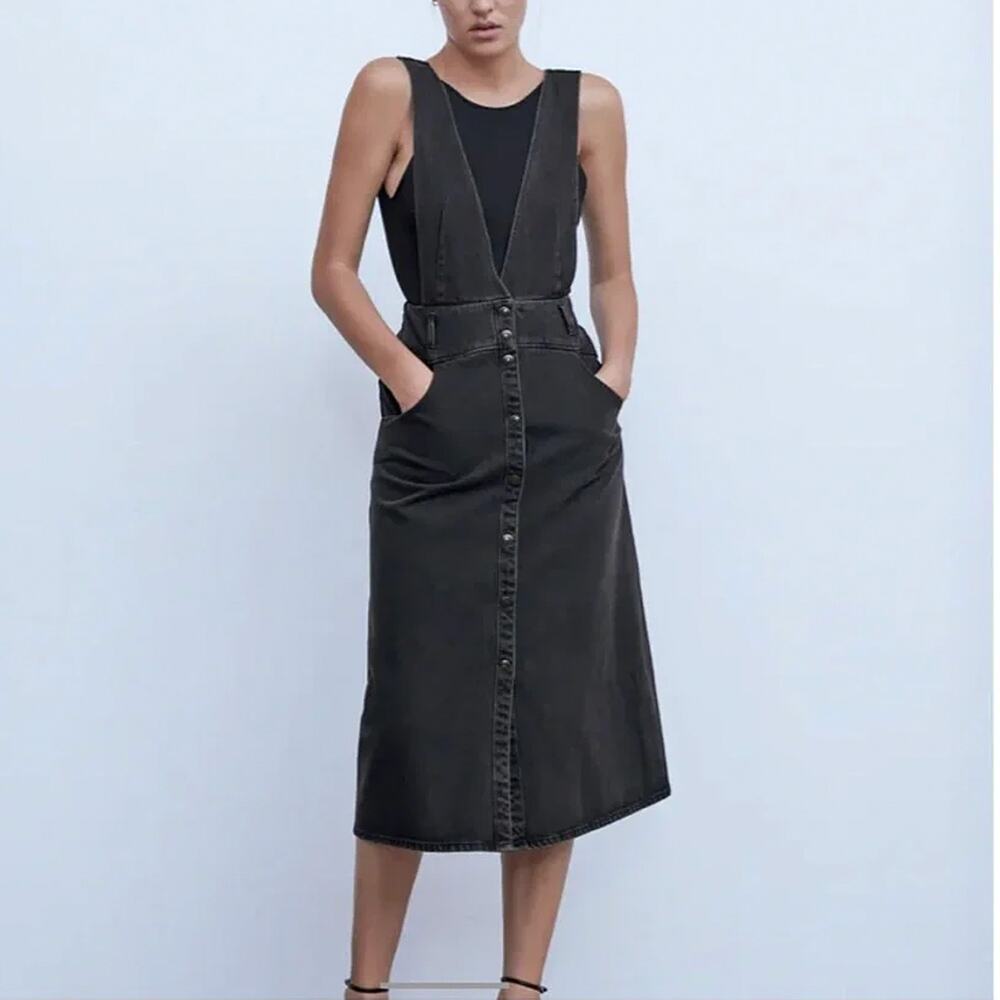 Zara Black Denim Pinafore Overall Midi Dress Size S
